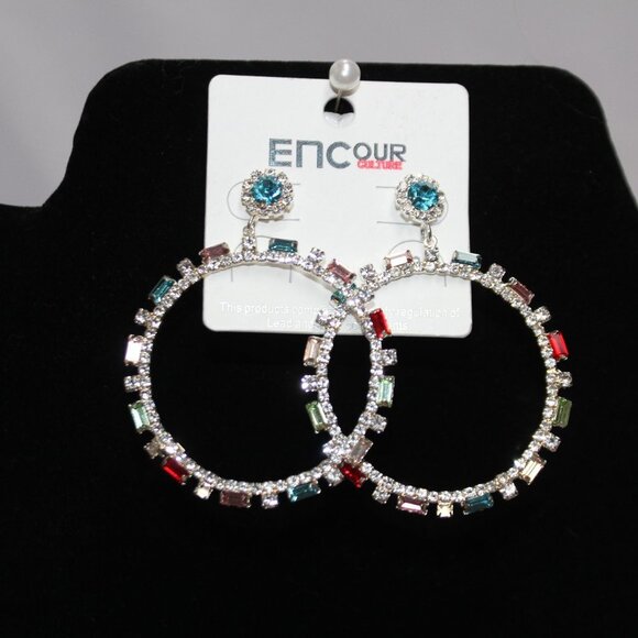 NWT Beautiful Multicolor Rhinestone Hoop Earrings - Picture 1 of 6